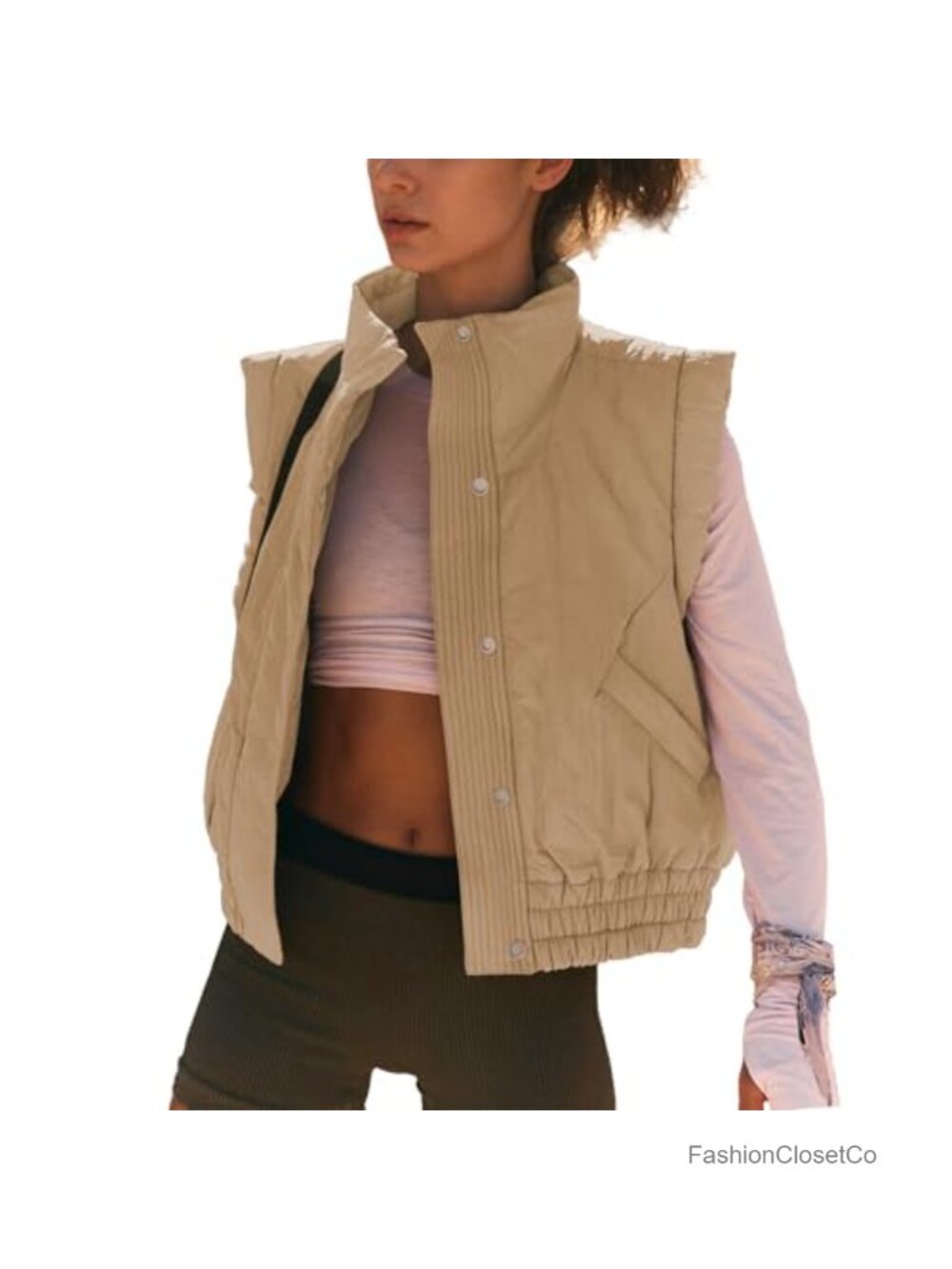 Women's Cropped Puffer Vest Button Sleeveless Light Jacket Scrunch Collar
